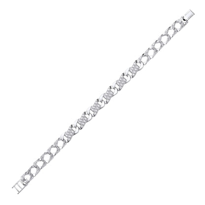 Mens Silver  CZ Carved Filigree Curb Cast Bracelet 9mm - GVB394