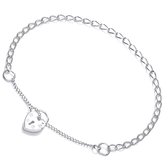 Silver  Curb Link Love Heart Padlock Charm Bracelet 3mm - GVB409
