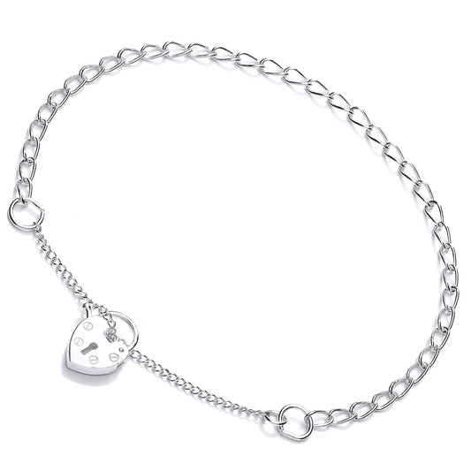Silver Curb Link Love Heart Padlock Charm Bracelet 3mm - GVB409