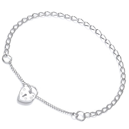 Silver  Curb Link Love Heart Padlock Charm Bracelet 3mm - GVB409