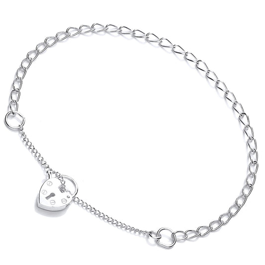 Silver  Curb Link Love Heart Padlock Charm Bracelet 3mm - GVB409