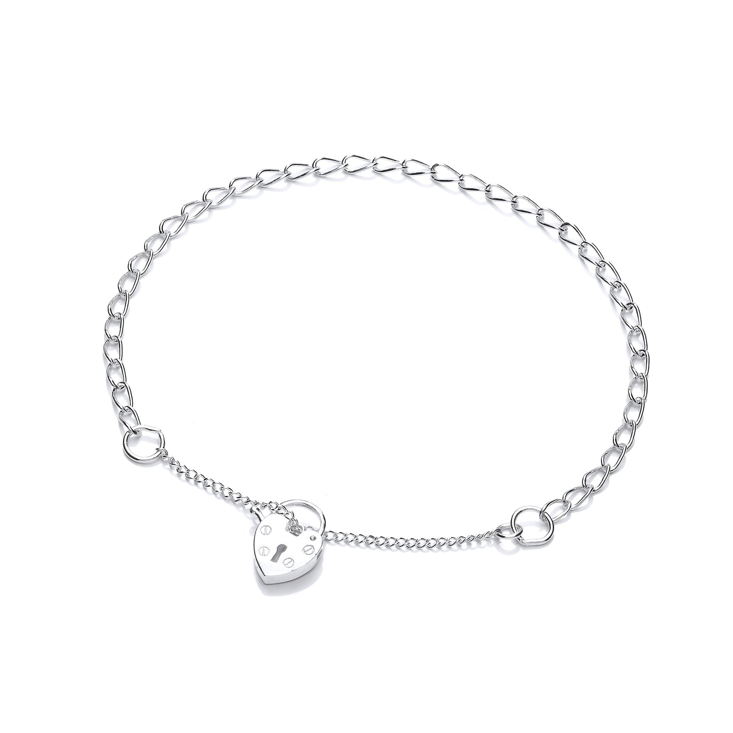Silver  Curb Link Love Heart Padlock Charm Bracelet 3mm - GVB409