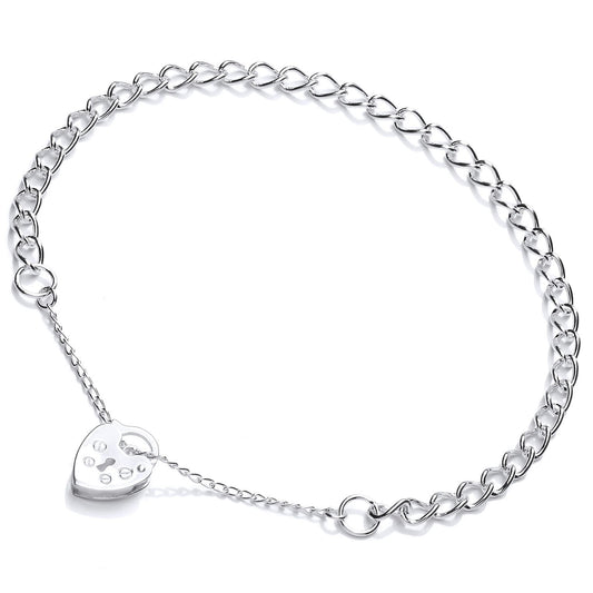 Silver Curb Link Love Heart Padlock Charm Bracelet 4mm - GVB410