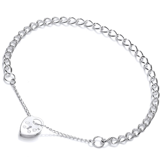 Silver  Curb Link Love Heart Padlock Charm Bracelet 4mm - GVB410