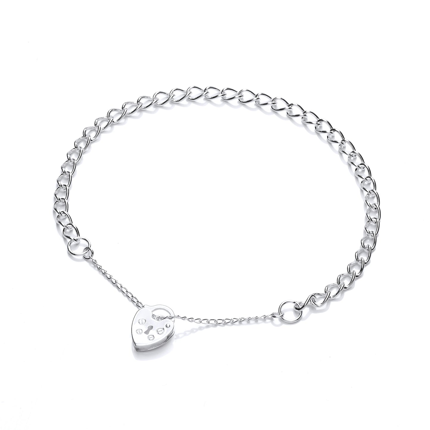 Silver  Curb Link Love Heart Padlock Charm Bracelet 4mm - GVB410