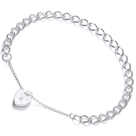 Silver Curb Link Love Heart Padlock Charm Bracelet 5mm 10 inch - GVB411