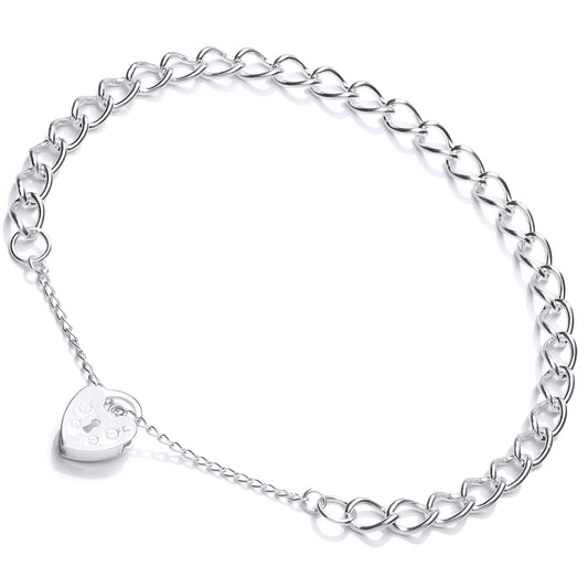 Silver  Curb Link Love Heart Padlock Charm Bracelet 5mm 10 inch - GVB411