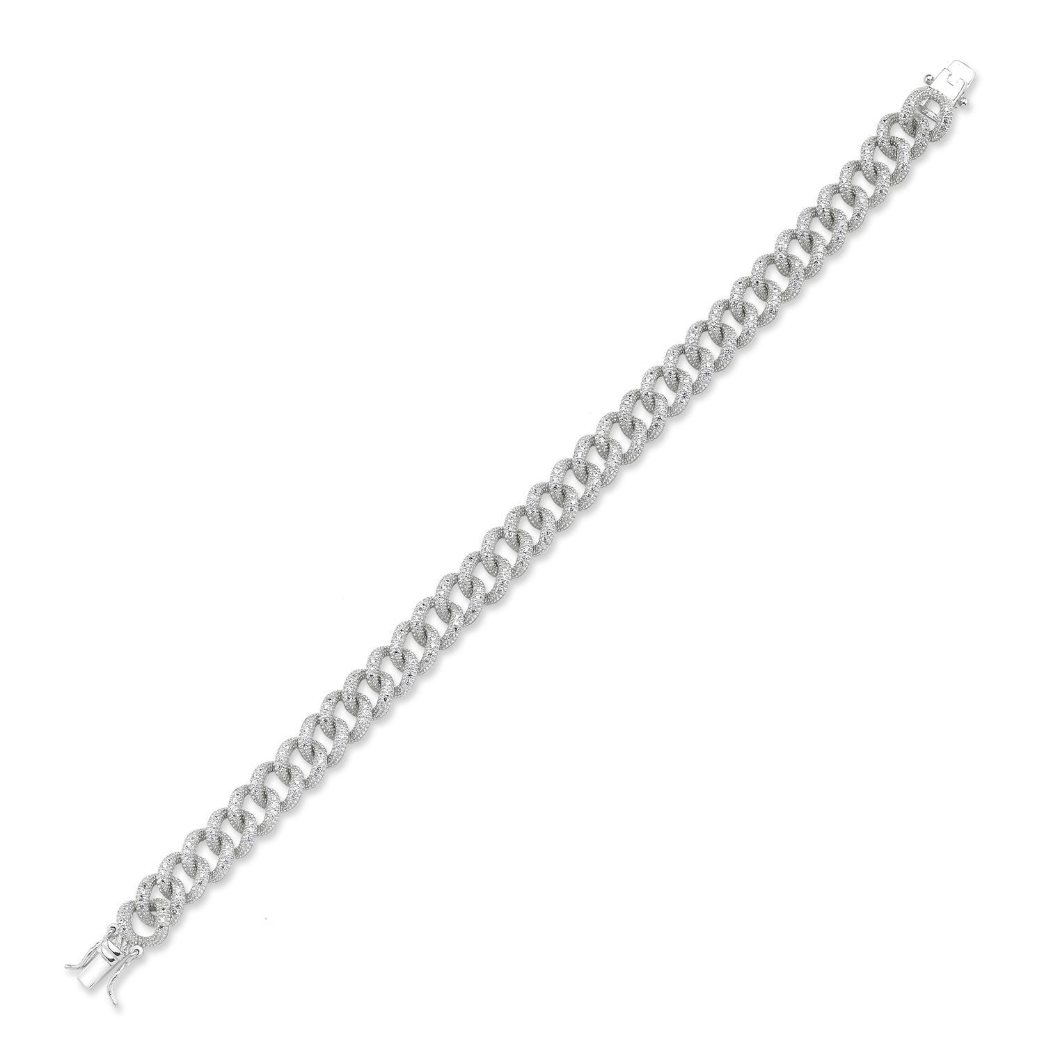 Silver  CZ Encrusted-Illusion Bead Texture Albert Curb Bracelet - GVB419