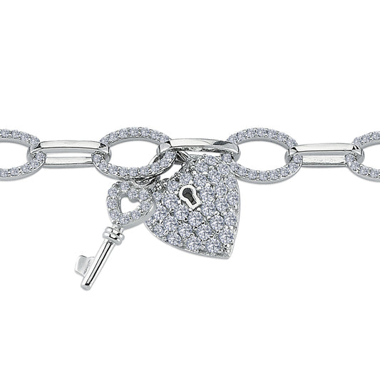Silver  CZ Love Heart Key Padlock Charm Bracelet 8mm 8 inch - GVB420