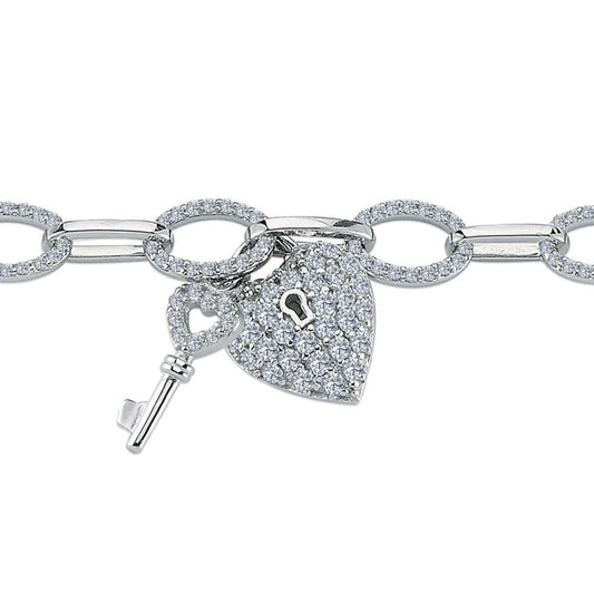 Silver CZ Love Heart Key Padlock Charm Bracelet 8mm 8 inch - GVB420