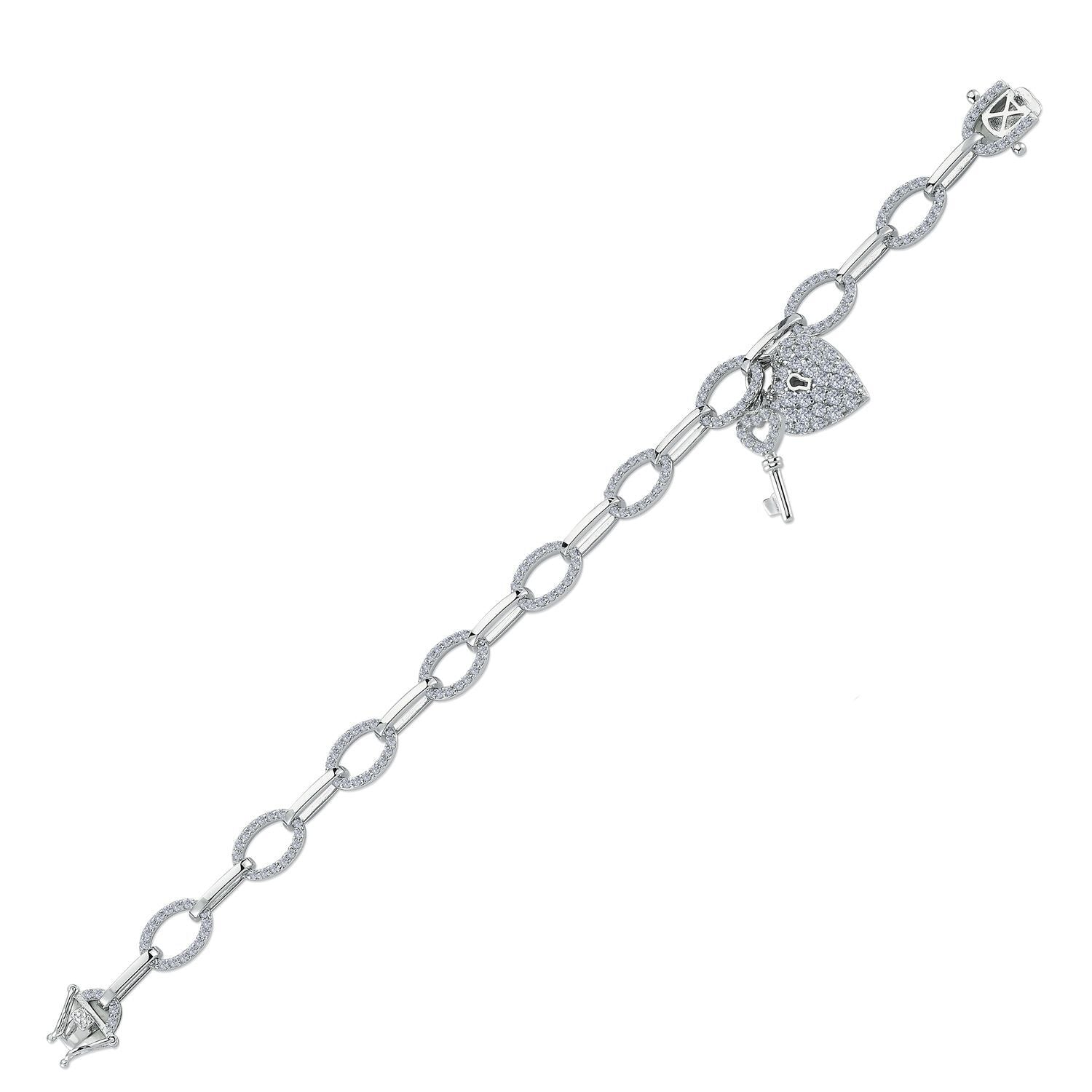 Silver  CZ Love Heart Key Padlock Charm Bracelet 8mm 8 inch - GVB420