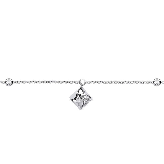 Silver  CZ Swirling Square Charm Bracelet 6.5 inch - GVB429