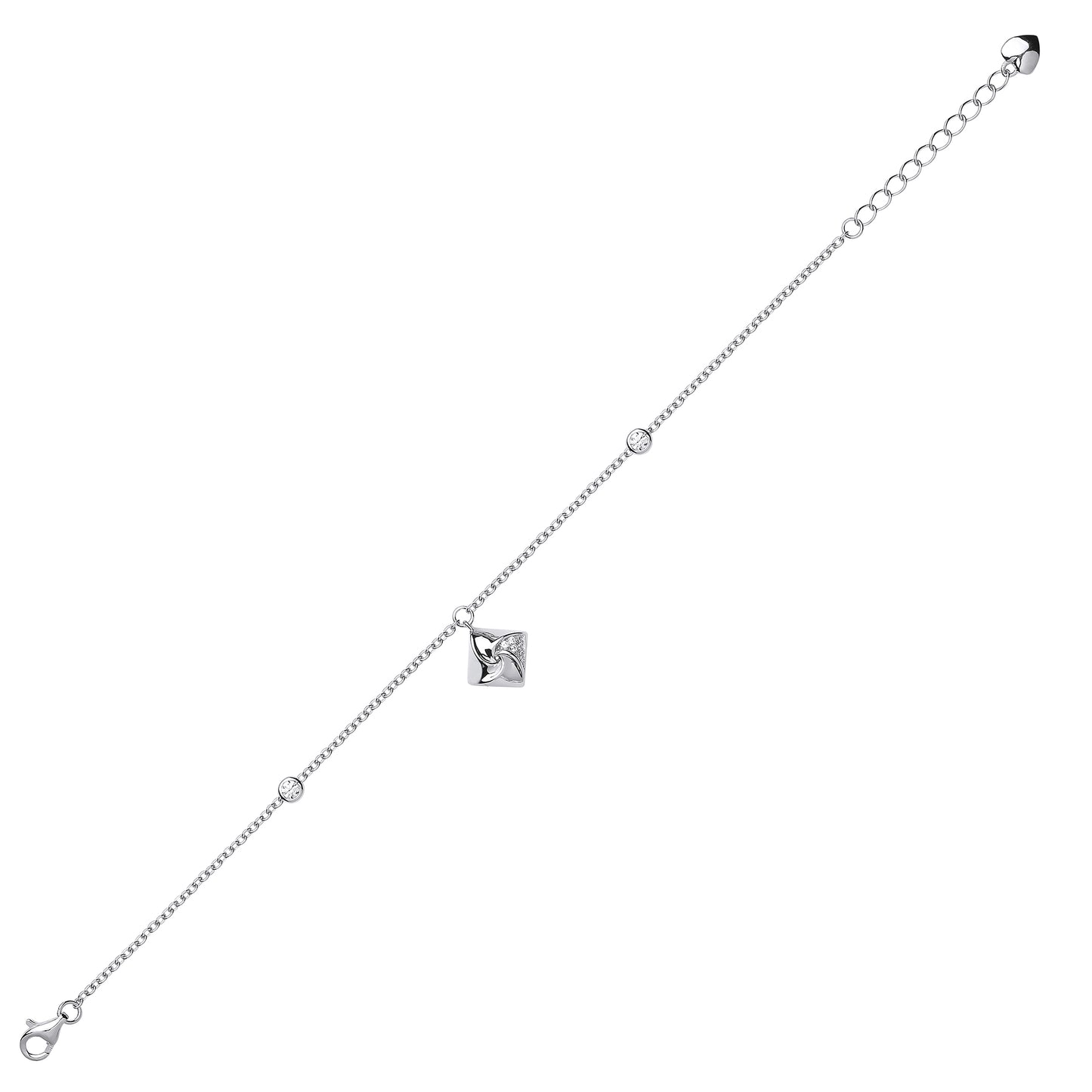 Silver  CZ Swirling Square Charm Bracelet 6.5 inch - GVB429