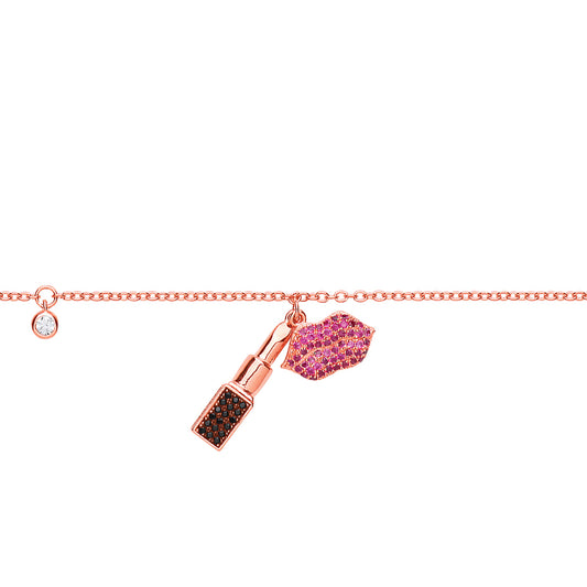 Rose Silver  Pink Black CZ Lipstick Lips Kiss Charm Bracelet 6.5" - GVB432