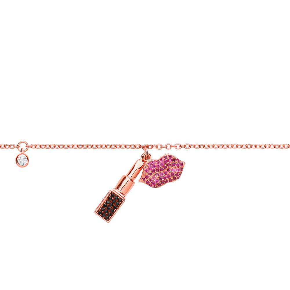 Rose Silver  Pink Black CZ Lipstick Lips Kiss Charm Bracelet 6.5" - GVB432