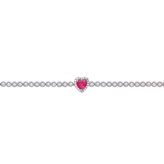 Silver  Red CZ Halo Love Heart Charm Bracelet 7 inch - GVB433