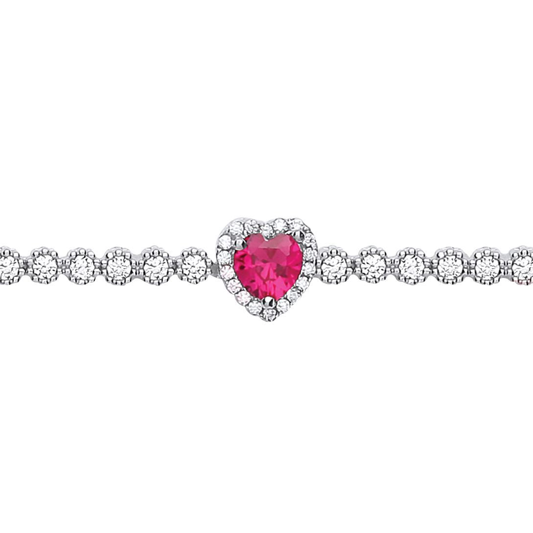 Silver  Red CZ Halo Love Heart Charm Bracelet 7 inch - GVB433