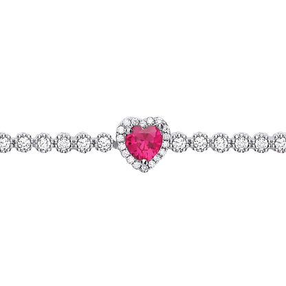 Silver  Red CZ Halo Love Heart Charm Bracelet 7 inch - GVB433