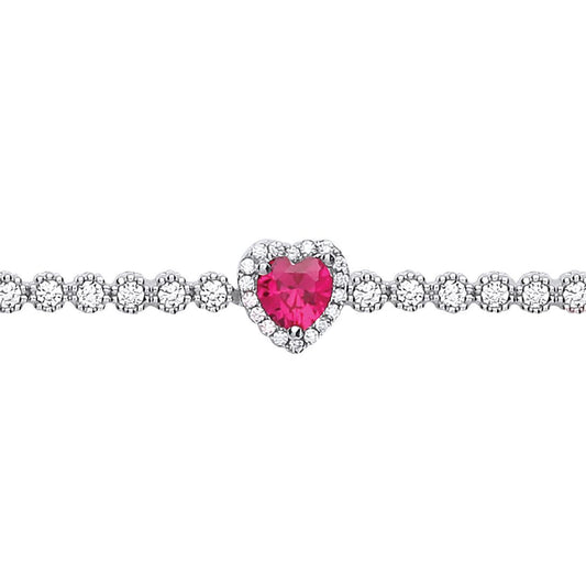 Silver  Red CZ Halo Love Heart Charm Bracelet 7 inch - GVB433