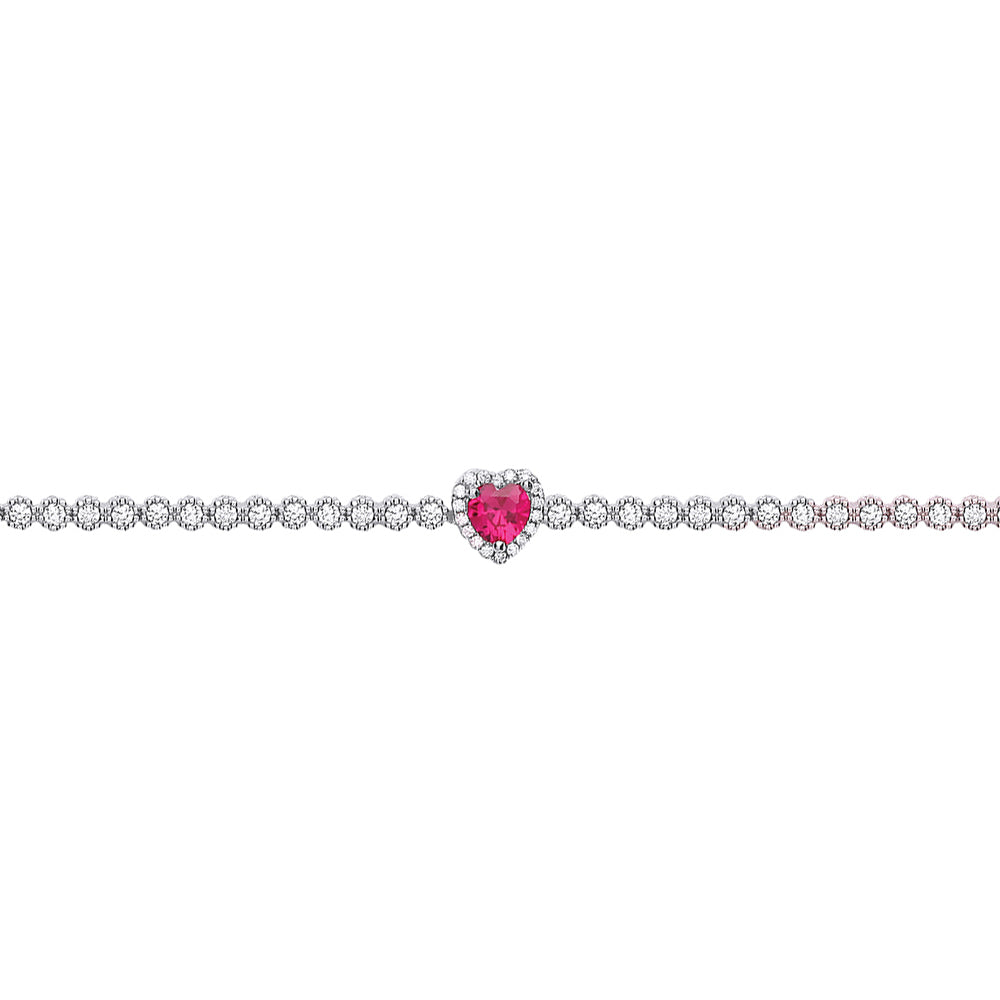 Silver  Red CZ Halo Love Heart Charm Bracelet 7 inch - GVB433