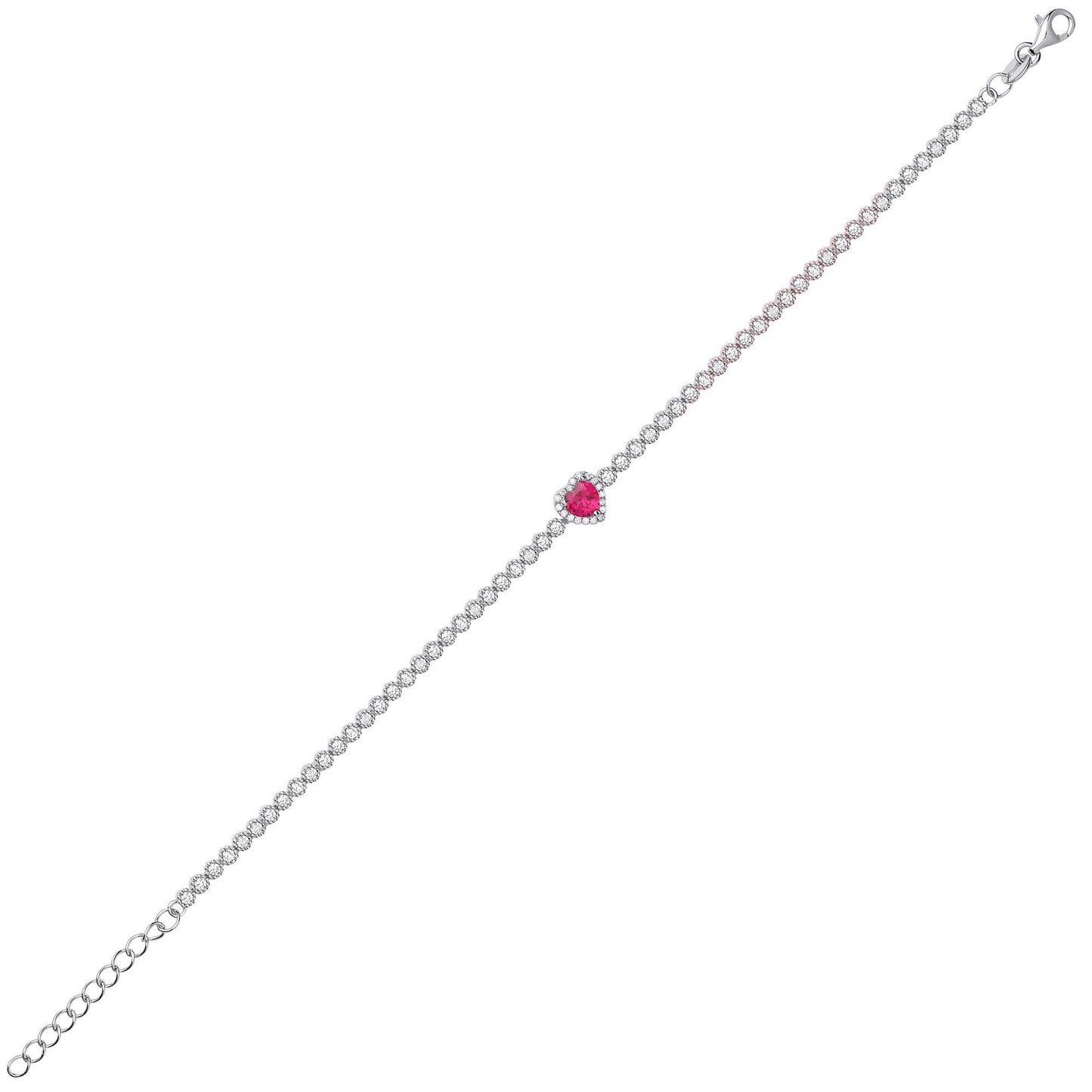 Silver  Red CZ Halo Love Heart Charm Bracelet 7 inch - GVB433