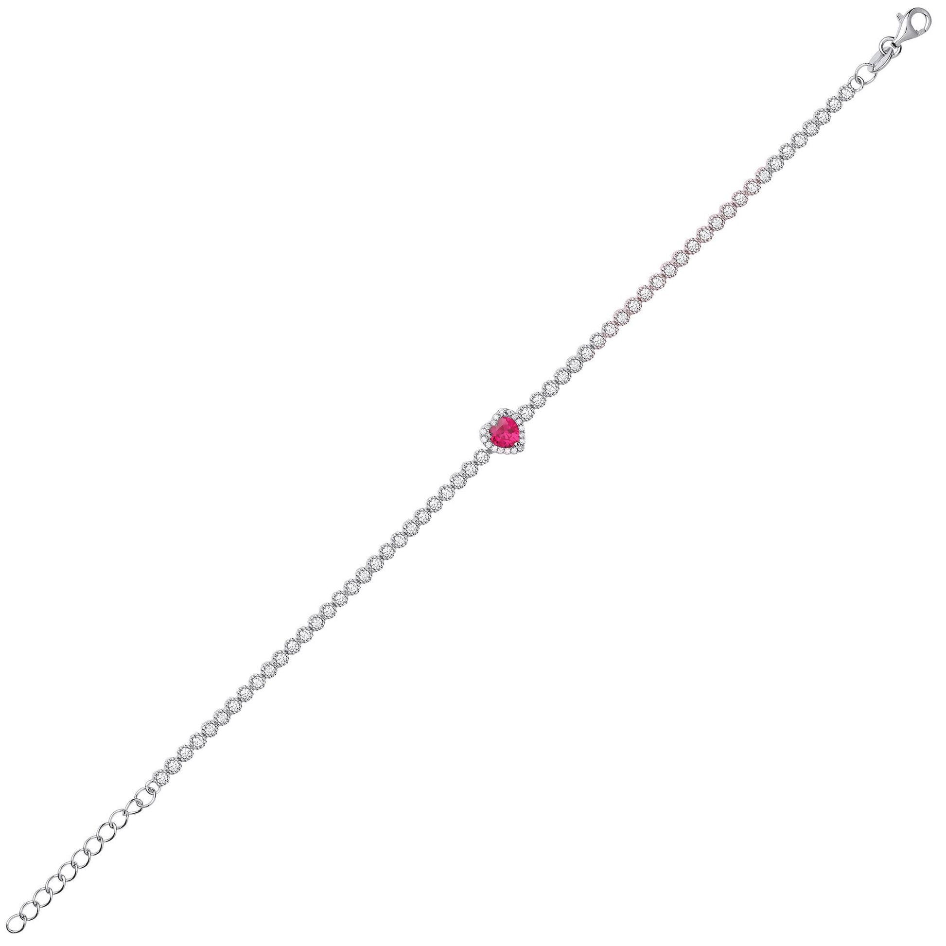 Silver  Red CZ Halo Love Heart Charm Bracelet 7 inch - GVB433