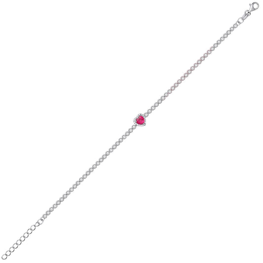 Silver  Red CZ Halo Love Heart Charm Bracelet 7 inch - GVB433