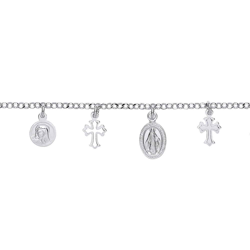 Silver  Religious Cross Medallion Charm Bracelet 7.5 inch - GVB437