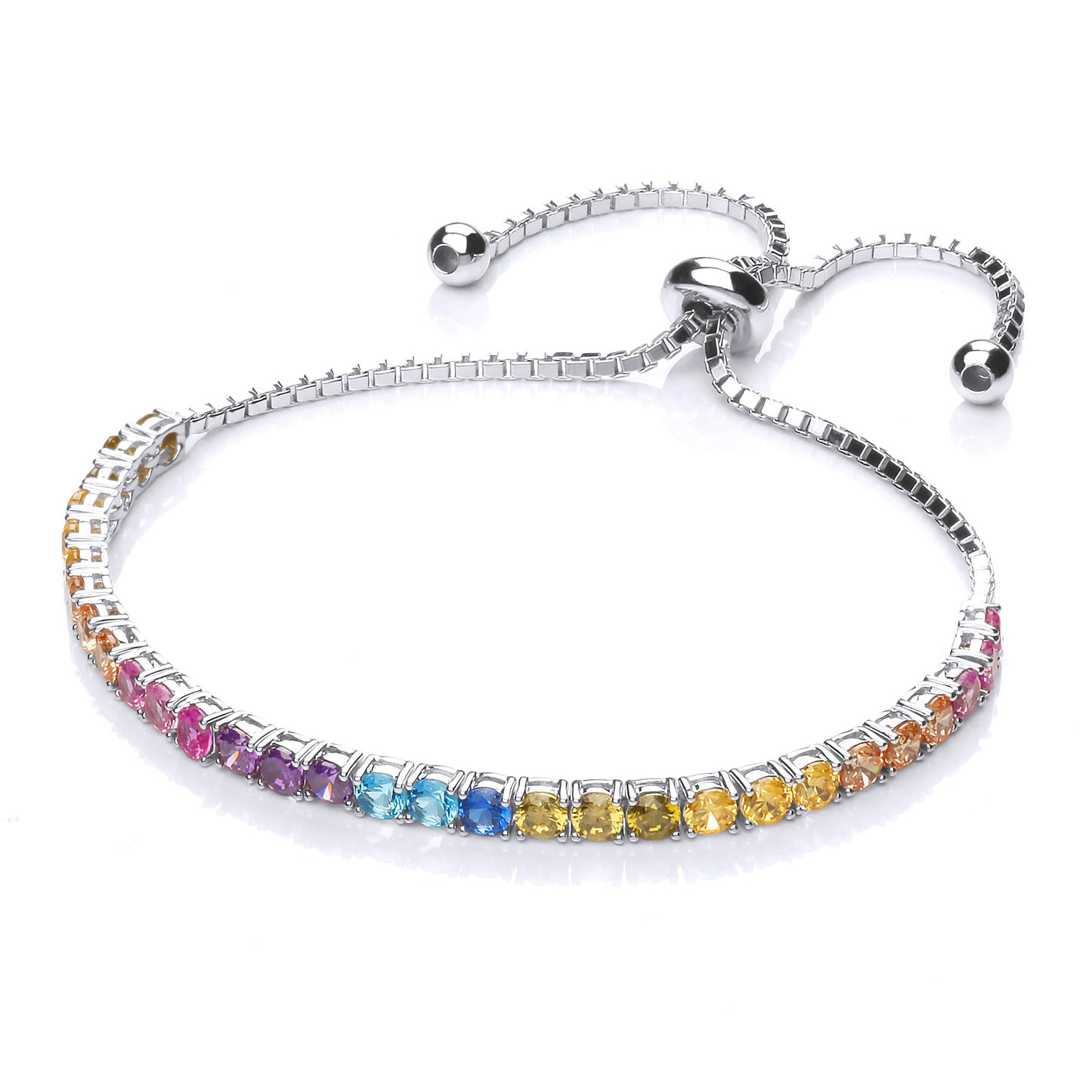 Silver  CZ Rainbow Adjustable Box Chain Tennis Slider Bracelet - GVB448