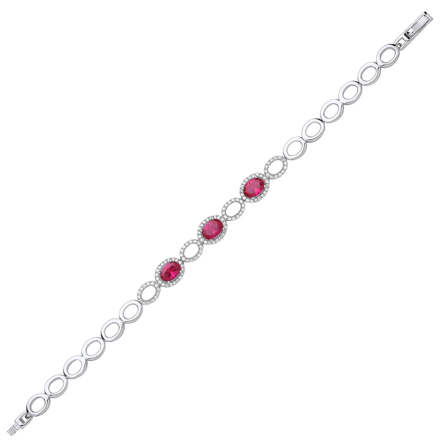 Silver  Red Oval CZ Halo Cluster Tennis Bracelet 8mm - GVB450