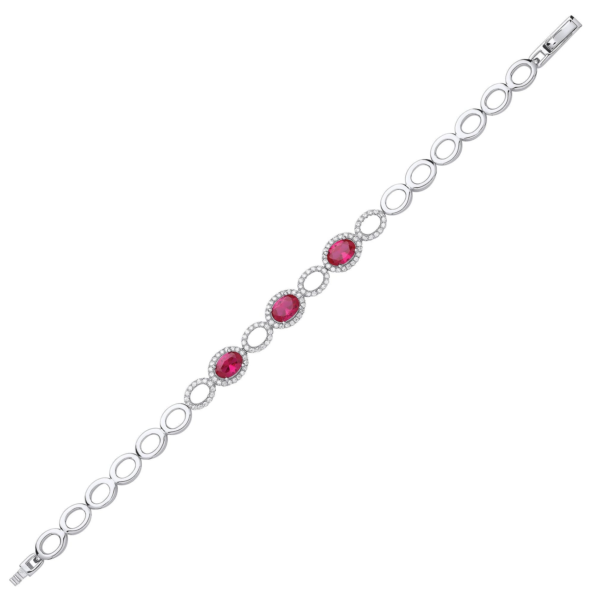 Silver  Red Oval CZ Halo Cluster Tennis Bracelet 8mm - GVB450