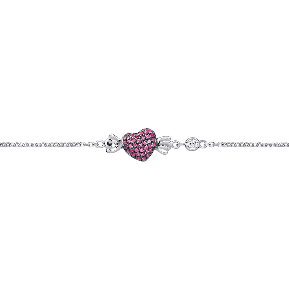 Silver  Pink CZ Sweetie Love Heart Angel Wings Charm Bracelet - GVB453