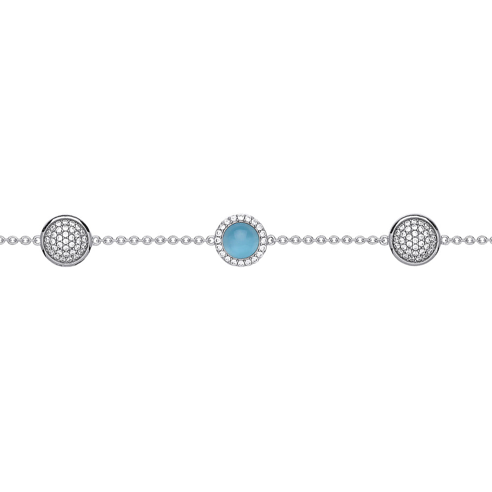 Silver  Aqua Blue Cabochon CZ Domed Cluster Bead Bracelet 9mm - GVB454