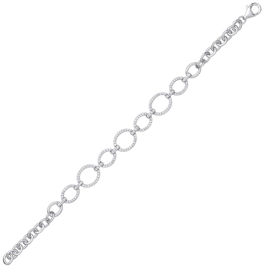 Silver  CZ Open Halo Bubbly Oval Link Bracelet 10mm - GVB455