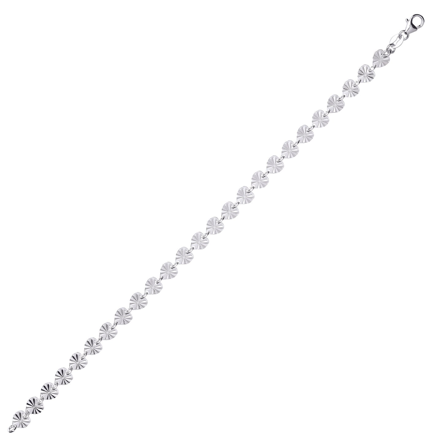 Silver  Sunburst Sparkly Love Heart Flat Link Bracelet 6mm 7.5inch - GVB458