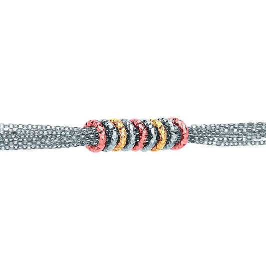 3-Colour Silver  Multi Strand Donut Loops Charm Bracelet 10mm - GVB459