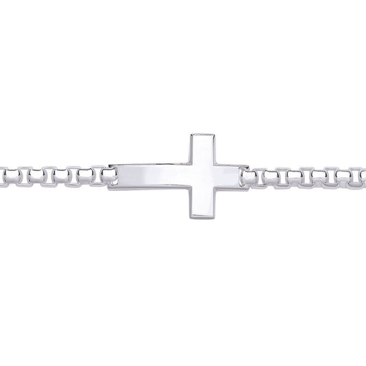 Silver  Sideways Cross Chunky Box Paper Chain Bracelet 19mm - GVB468