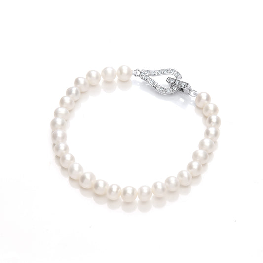 Silver  CZ Pearl Loop Clasp Bead Bracelet 6-7mm - GVB470