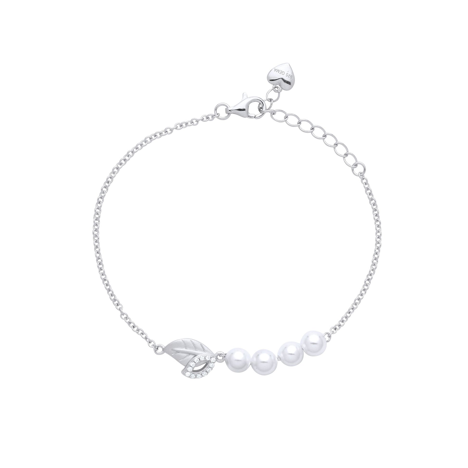 Silver  Cream Pearl CZ Leafy Peapod Full Moon Charm Bracelet 7" - GVB481