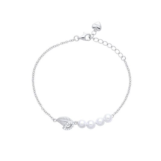Silver  Cream Pearl CZ Leafy Peapod Full Moon Charm Bracelet 7" - GVB481