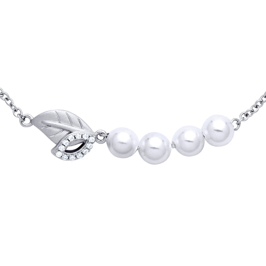 Silver  Cream Pearl CZ Leafy Peapod Full Moon Charm Bracelet 7" - GVB481