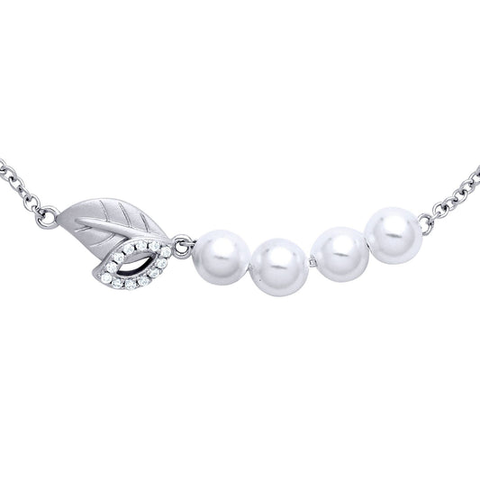 Silver  Cream Pearl CZ Leafy Peapod Full Moon Charm Bracelet 7" - GVB481