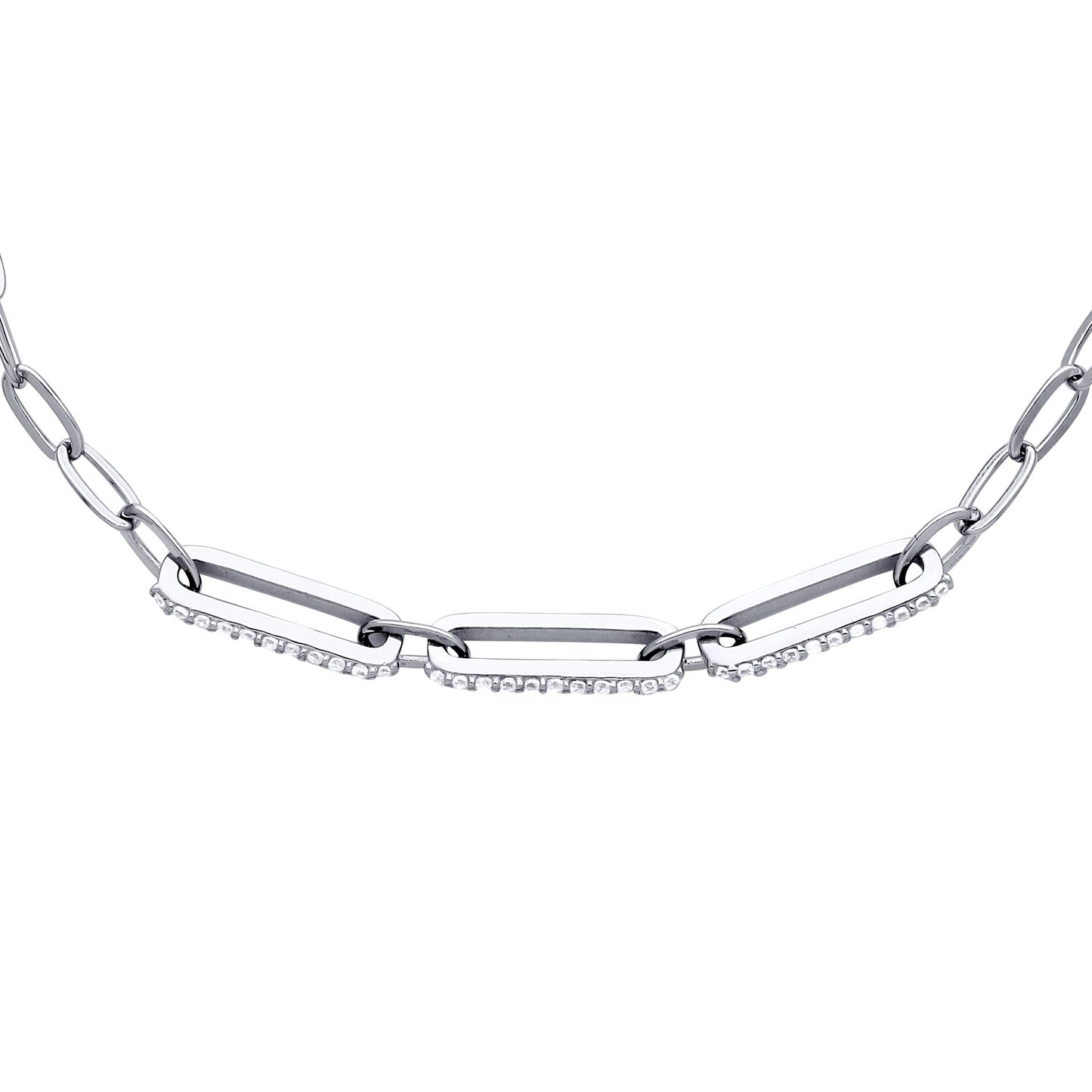 Unisex Silver  CZ Paper Clip Pill Shape Chain Bracelet 4mm 7.5" - GVB482