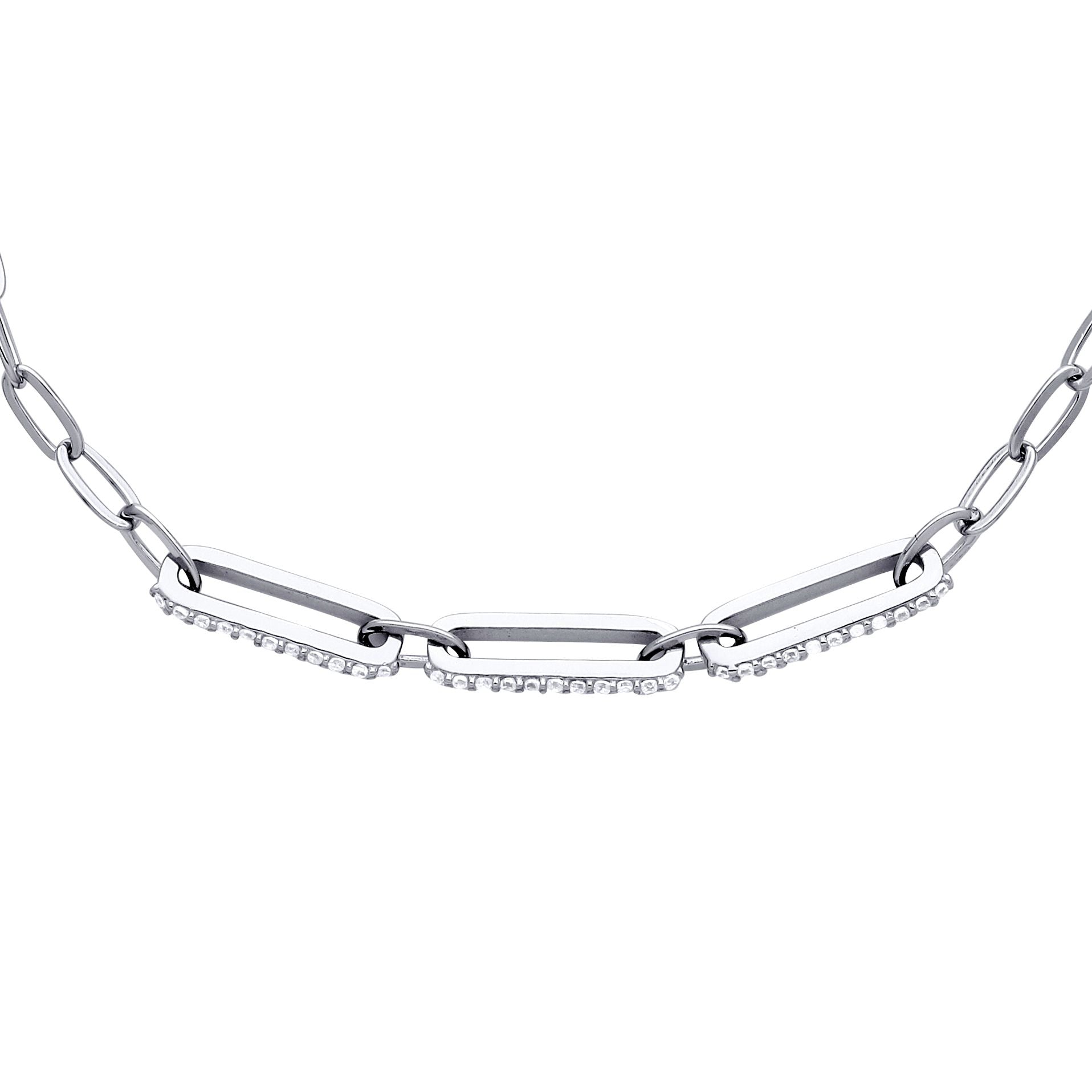 Unisex Silver  CZ Paper Clip Pill Shape Chain Bracelet 4mm 7.5" - GVB482