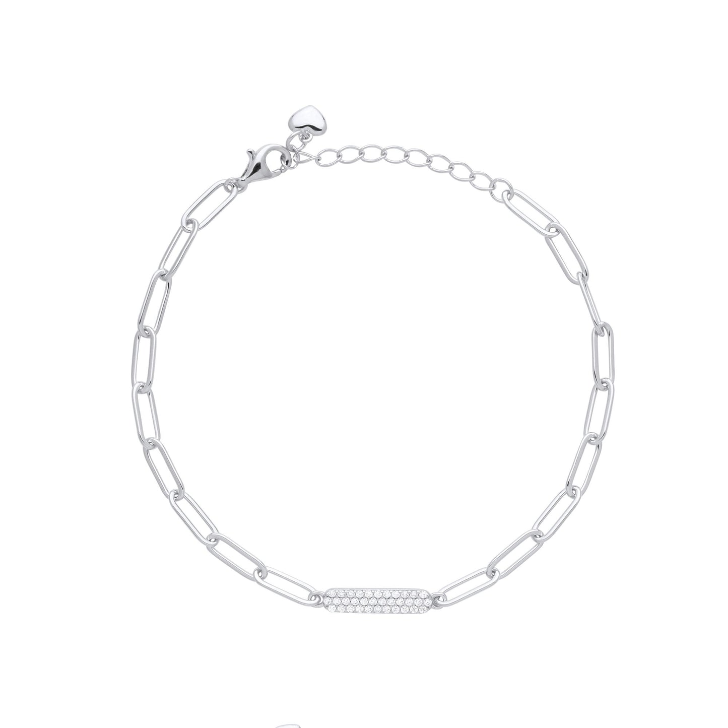 Silver  CZ Pave Paper Clip Pill Shape Chain Bracelet 3mm 6.5 + 1" - GVB485