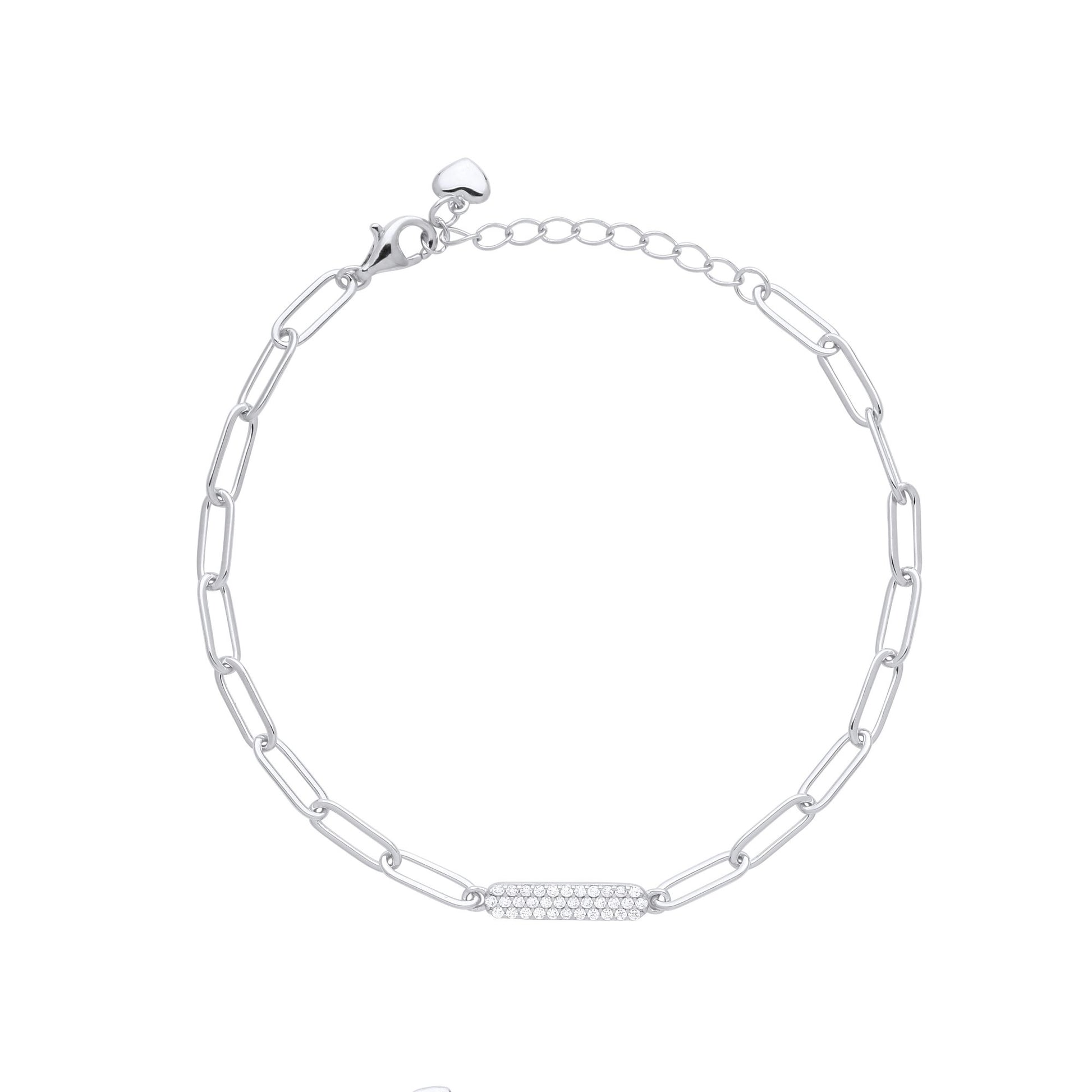 Silver  CZ Pave Paper Clip Pill Shape Chain Bracelet 3mm 6.5 + 1" - GVB485