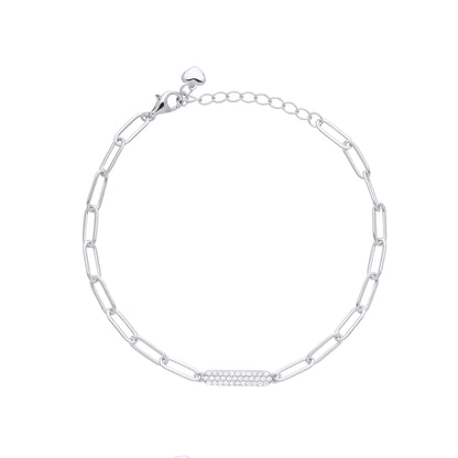 Silver  Pave Paper Clip Pill Shape Chain Bracelet - GVB485