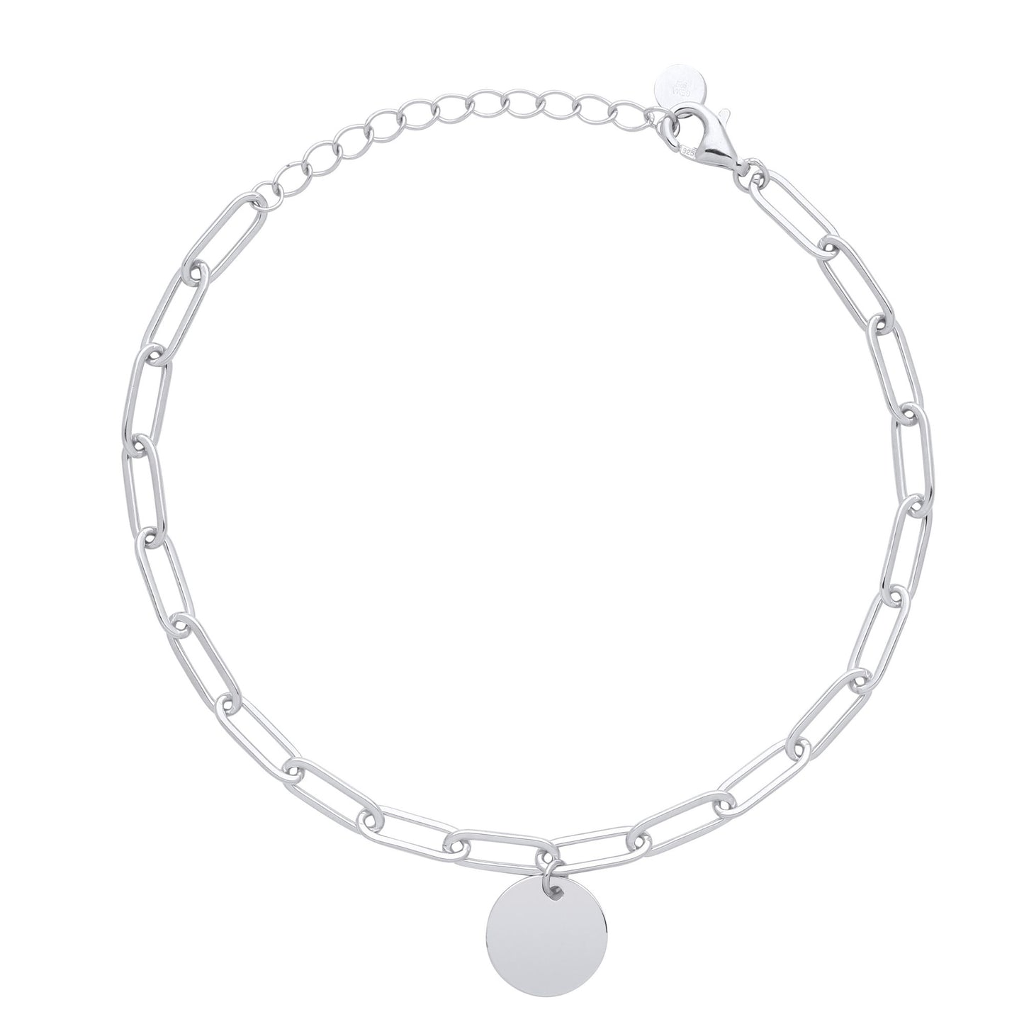 Silver  Round Medallion Disc Paper Clip Pill Chain Bracelet 7.5" - GVB486