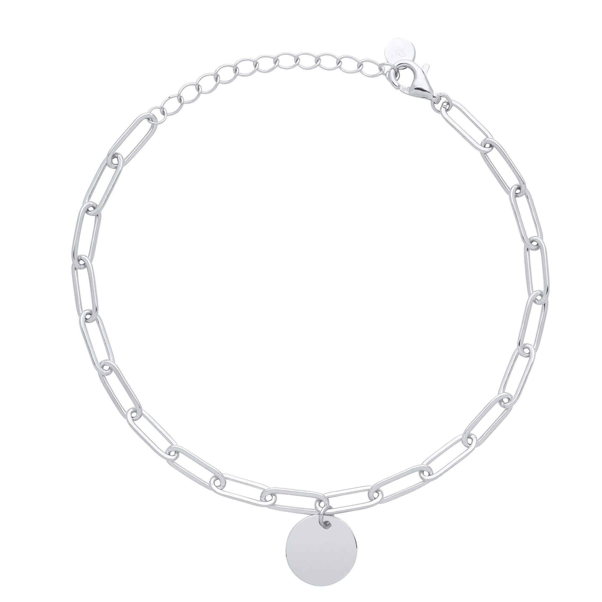 Silver  Round Medallion Disc Paper Clip Pill Chain Bracelet 7.5" - GVB486