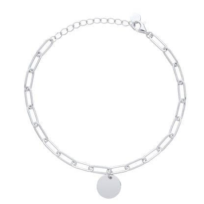 Silver  Round Medallion Disc Paper Clip Pill Chain Bracelet 7.5" - GVB486